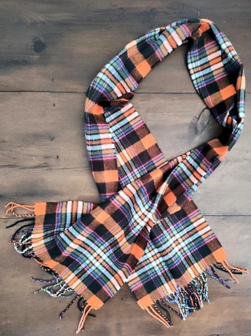 D&Y Softer Than Cashmere Orange & Brown Plaid Fall Autumn Fringe Scarf